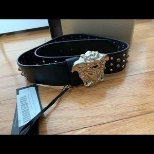 Leather with silver studs and Medusa buckle